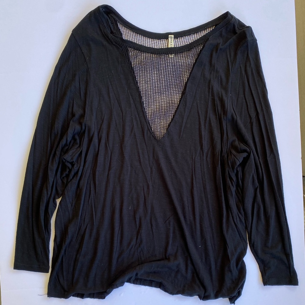 Black Long Sleeve Deep V Neck with large mesh detail, Size Extra Small